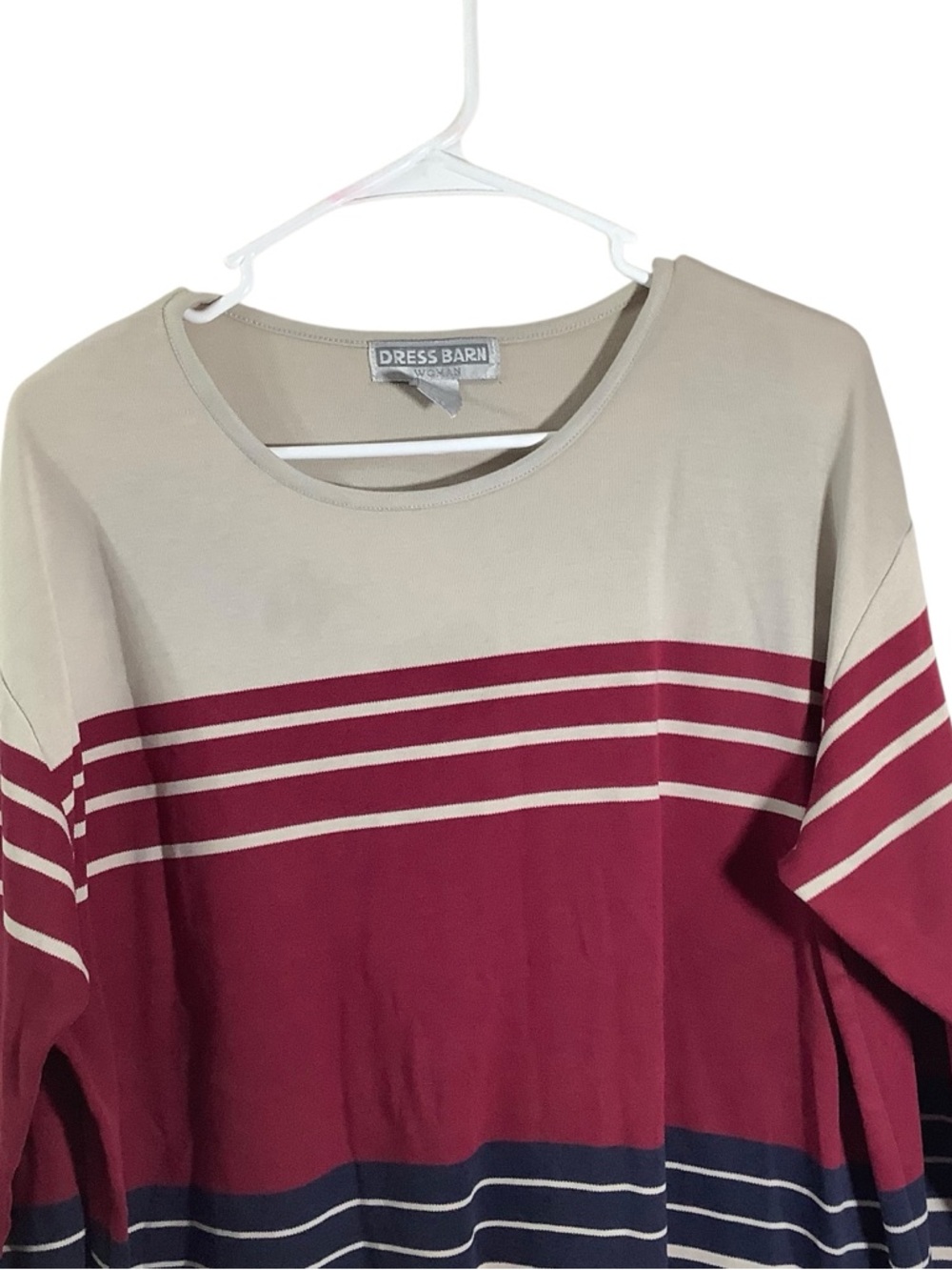 Dress Barn Woman Cream, Burgundy & Navy Colorblock Striped Long Sleeve Top - Picture 2 of 5